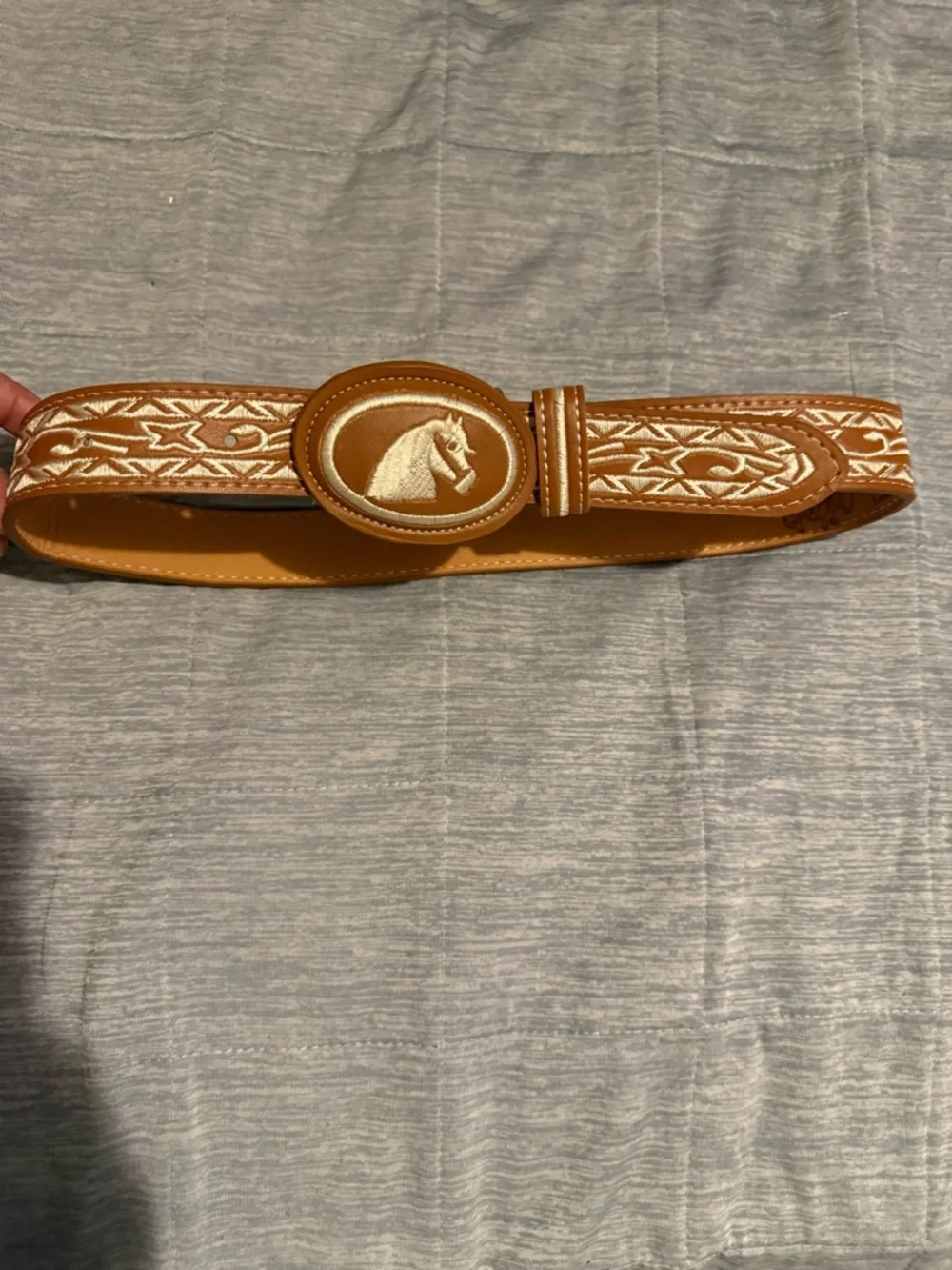 Ya Los Angeles Tan Belt with White Embroidered Horse Buckle